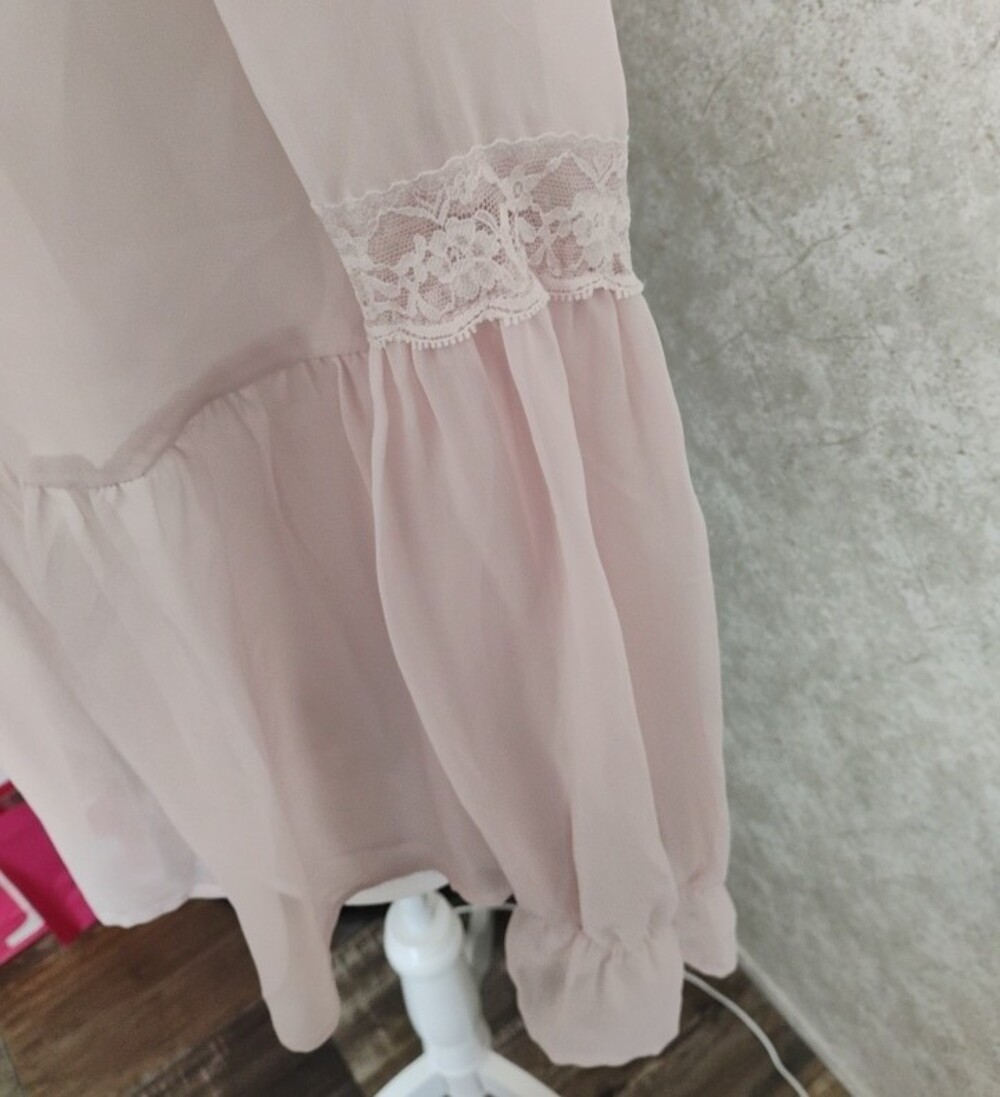 Free People Soft Blush Pink Lace Peasant Blouse with Neck Tie/Prairie, Fairy - Picture 4 of 13